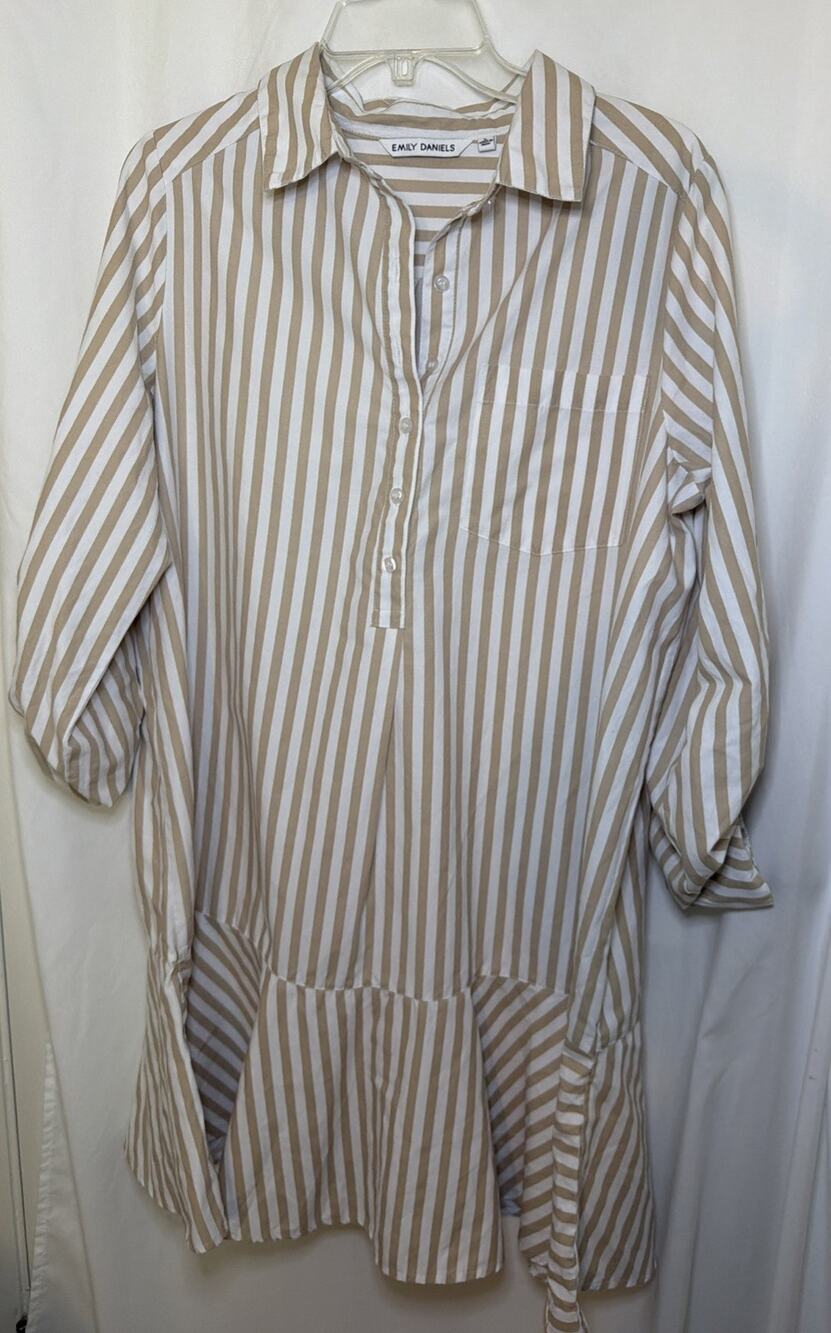 Emily Daniels Dress Stripes With 6 Buttons Front With Collar. Roll Tab Sleeves